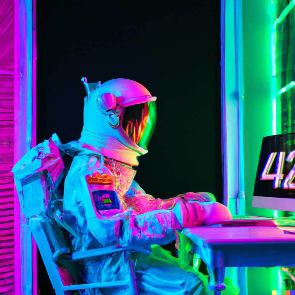 DALL·E 2023 03 06 12.12.48 futuristic neon photo of an astronaut at a computer. the big numbers 42 are written on a computer screen in red on a black background - Android [Kotlin] для начинающих